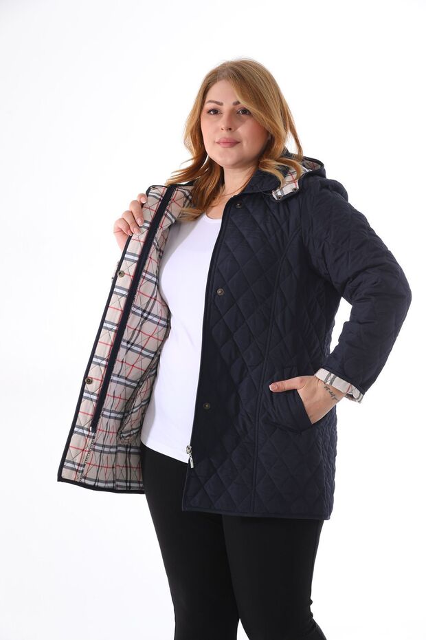 Plaid Quilted, Large Size Quilted, Waterproof Jacket, Seasonal Jacket, Navy Blue