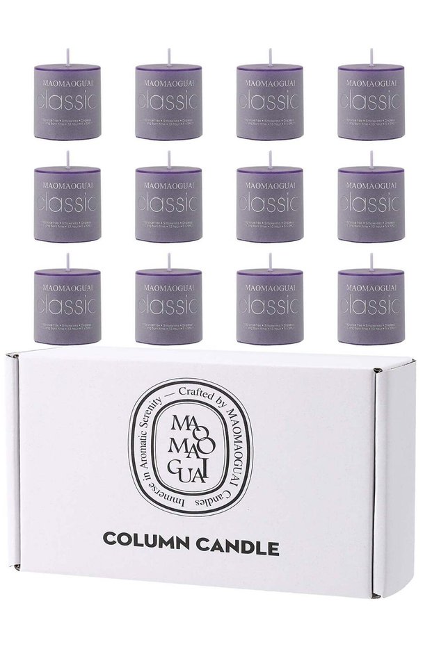 12 Per box of Purple Lavender blossom scented candles with a cylindrical diameter and height of 5cm