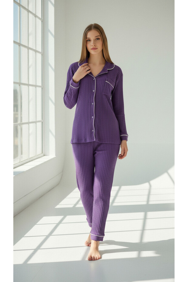 Ribbed Knit Buttoned Piped Pajama Sets - 1