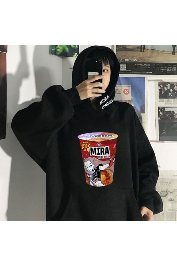 Unisex Style Ramen Colorful Printed Black Oversized Sweatshirt
