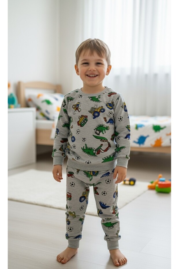Boys' Fleece-Lined Cotton Gray Tractor Dinosaur Ball Printed Pajama Set