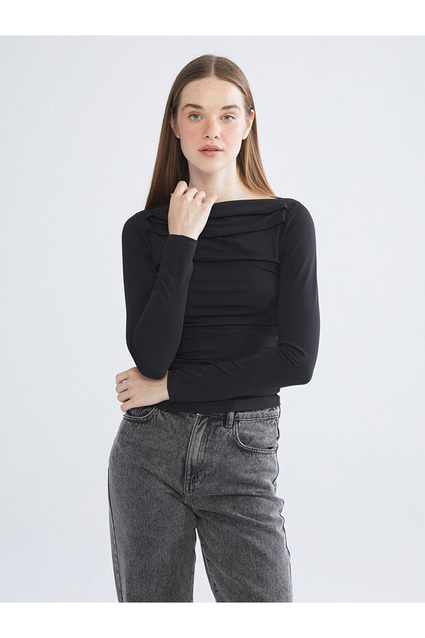 Lcw Vision Black Boat Neck Gathered Blouse