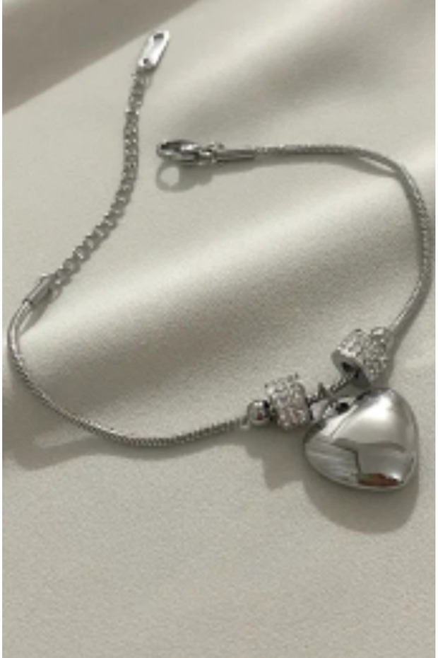 Heart-shaped pandora style stainless steel silver bracelet