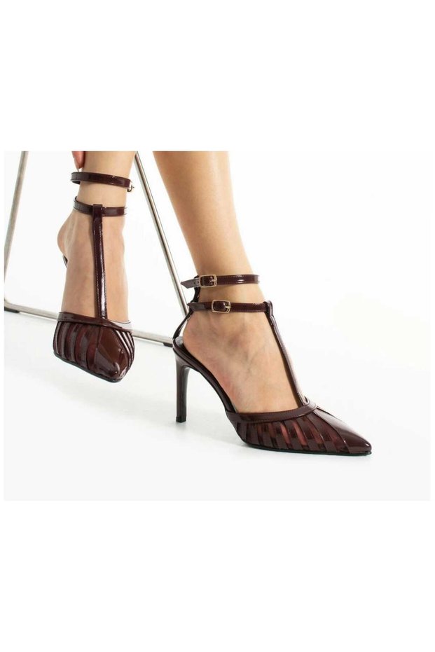 Burgundy Patent Leather Mesh 8.5cm Thin Heels Double Belt Pointed Toe Stileto Women's Shoes