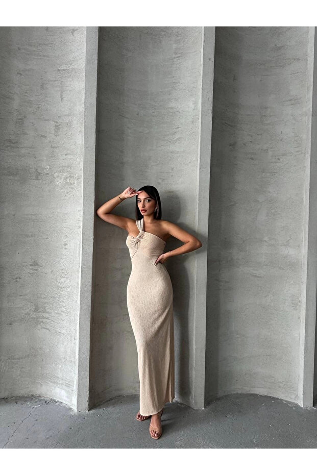 Tek omuz pliseli elbise - 7