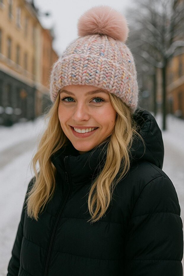 Pink Pompom Knitted Women's Beanie