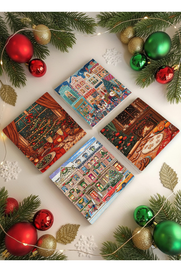 Christmas City Pine Tree and Lighted Streets Natural Stone Coasters, Christmas Gift, Set of 4, Home Decor