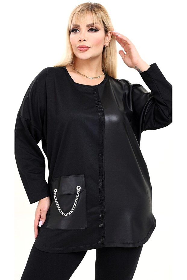 O-Neck Leather Detailed Pocket Chain and Stone Decorated Design Plus Size Tunic