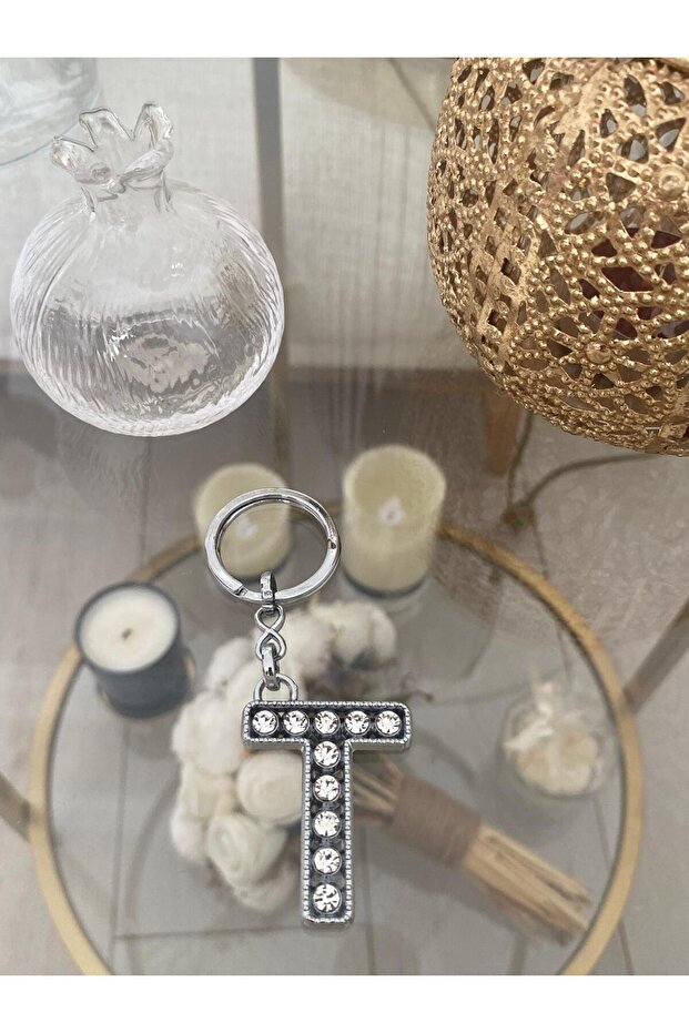 T Harf Zirconium Stone Steel Keychain & Charm