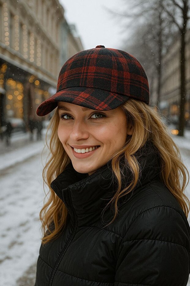 قبعة نسائية منقوشة باللون الأحمر - 1