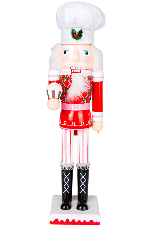 Christmas Ornament, Wooden Cook, Red-White - Carrying a Cake in Hand, 8.5X38 cm