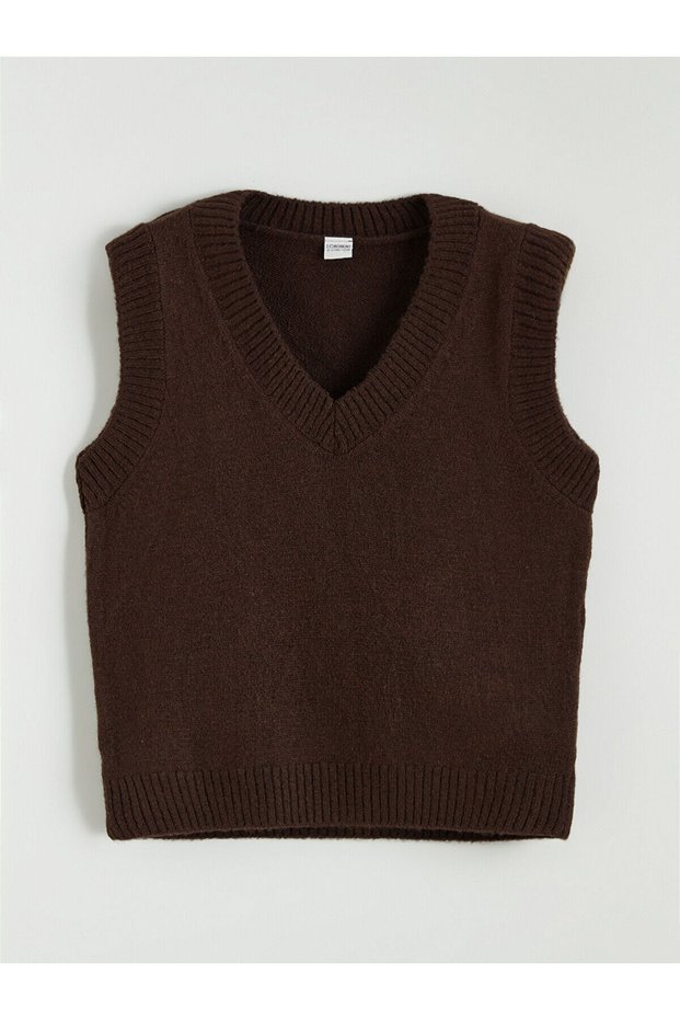 Brown V-Neck Girl's Knitwear Sweater