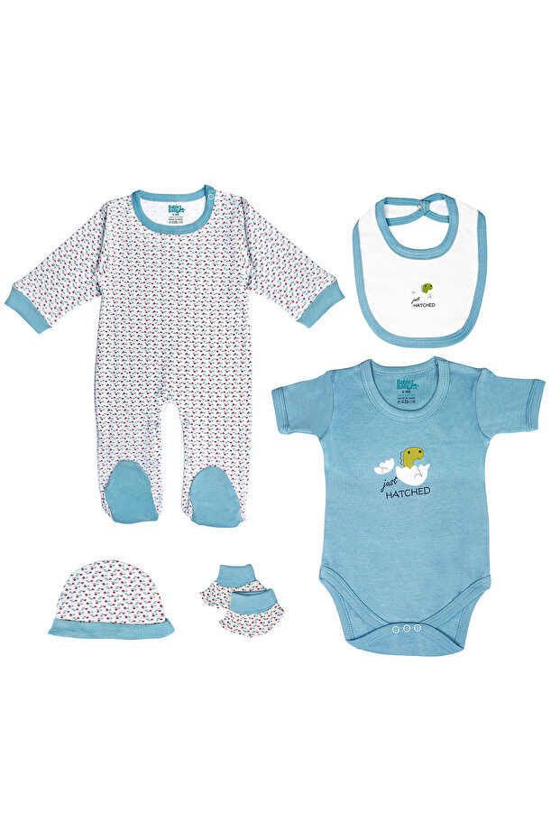 5 piece Sets include Bib, Romper, Mittens, Cap and Sleepsuit, 9-12 Months , Blue