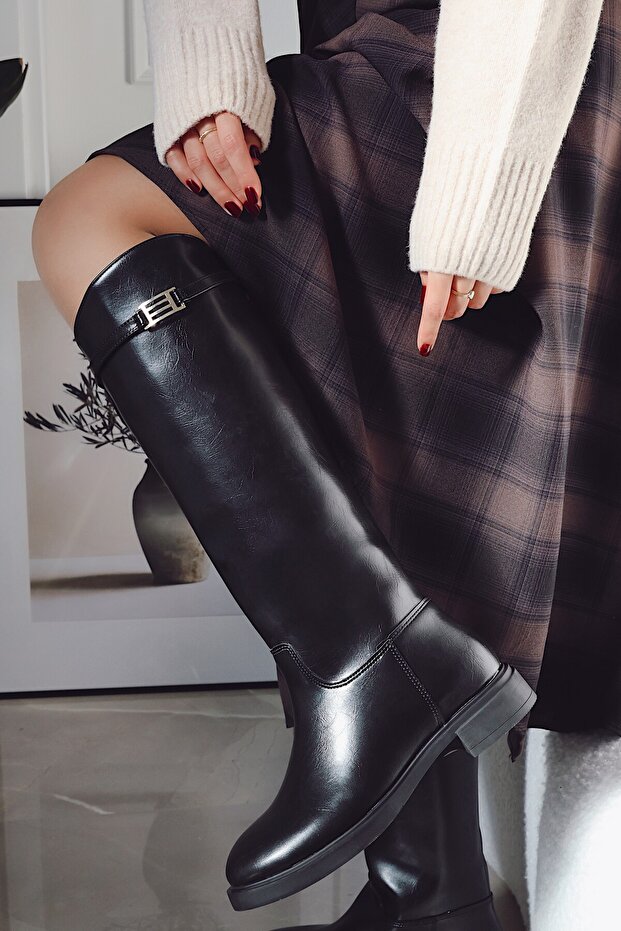 Mass Flat Sole Belt Buckle Riding Boots Women's Shoes Black