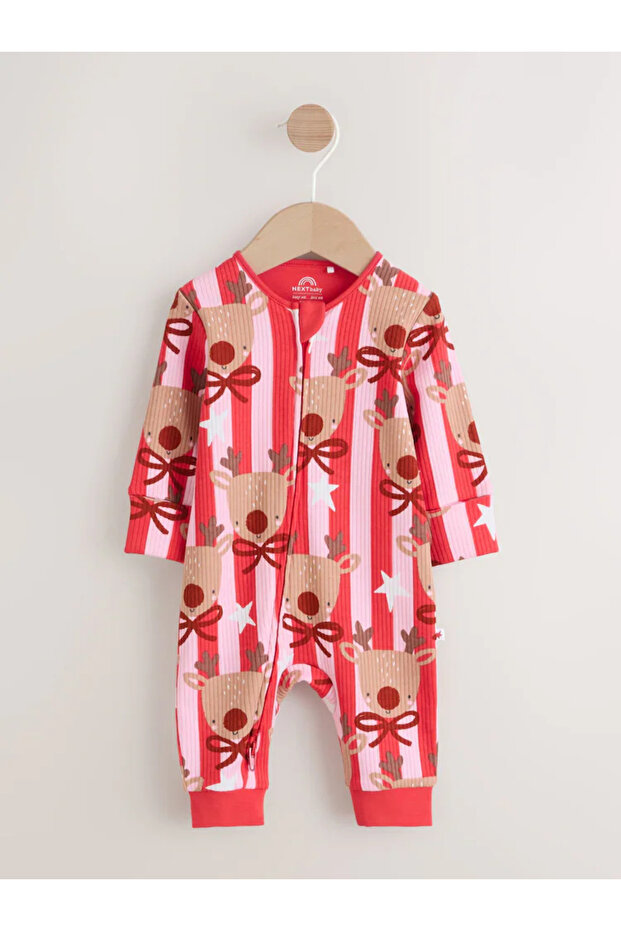 100% Organic Cotton Christmas Reindeer Patterned Pink Christmas Jumpsuit Alyf40054