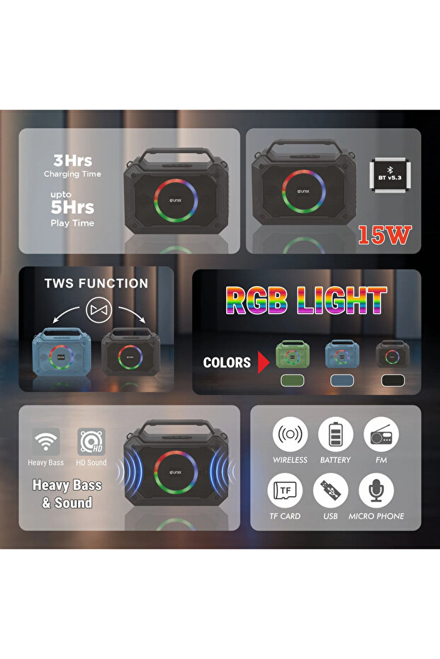 Unix H Box XB-U88 – 15W RGB Wireless Speaker with TWS, FM Radio & Portable Design - 2