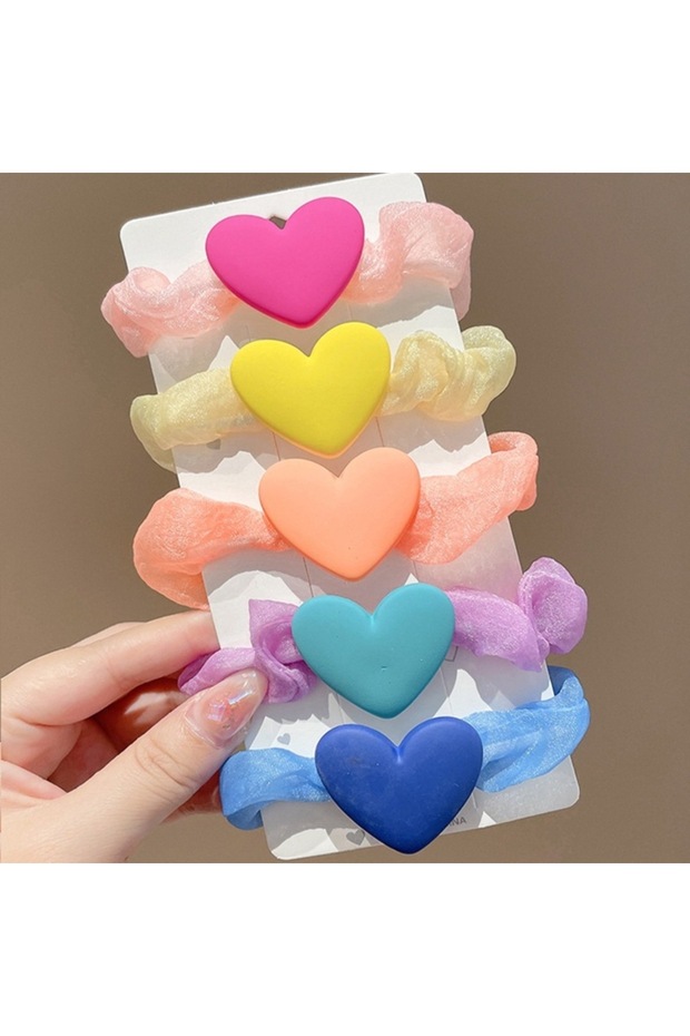Tulle covered colorful heart object rubber hair tie set 5 pieces