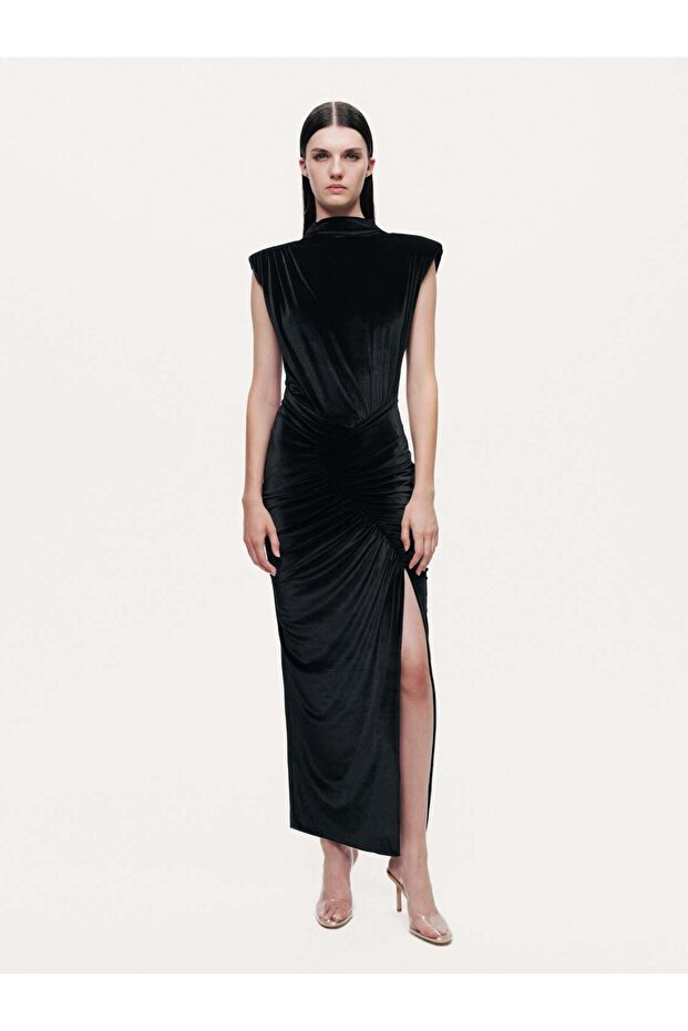 Drape Detaylı Midi Kadife Elbise - 1