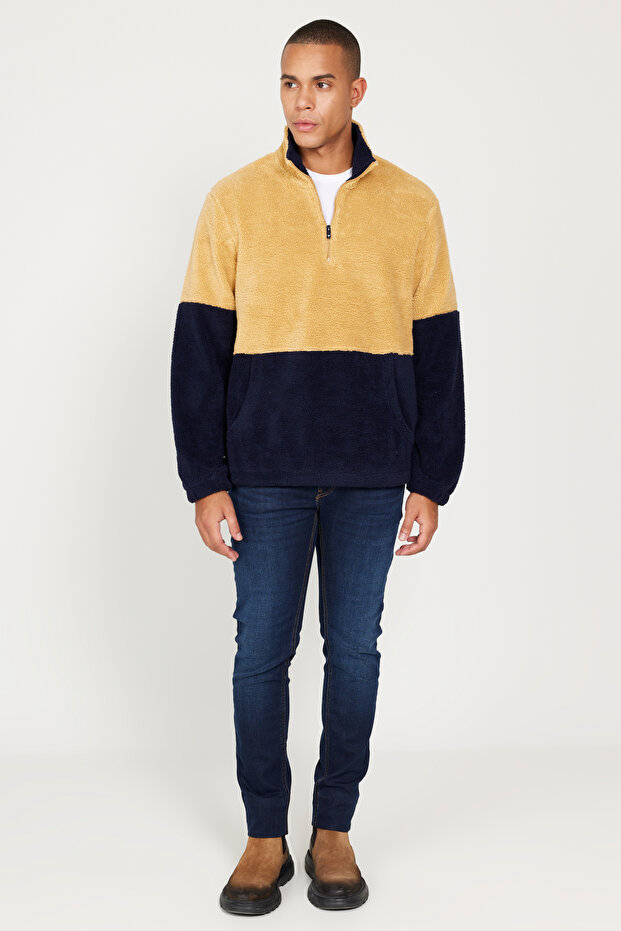 Mustard-Navy Blue Standard Fit Stand Collar Kangaroo Pocket Double Color Sherpa Fleece Sweatshirt