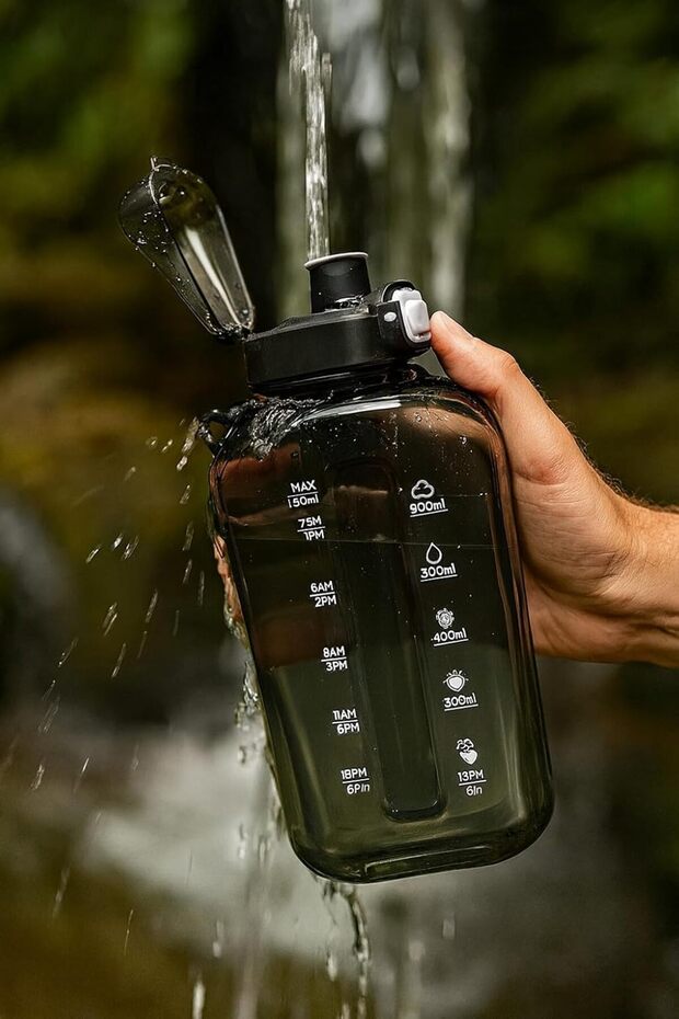 Water Bottle, 750 ml, Black with Strap, Hourly Hydration Tracker