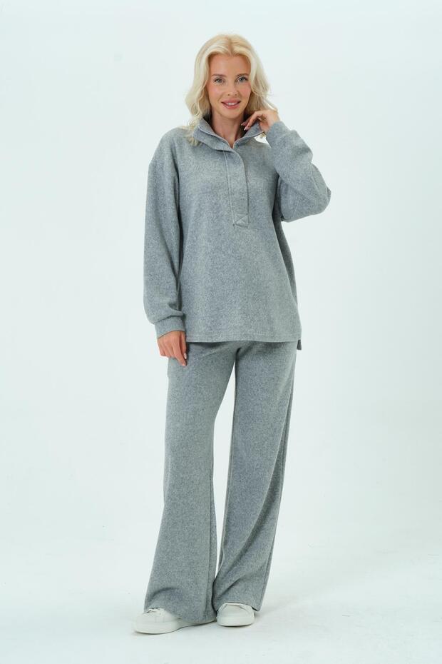 Maternity Adjustable Waist Elastic Band Wide Leg Collar Zippered Thessaloniki Suit Gray