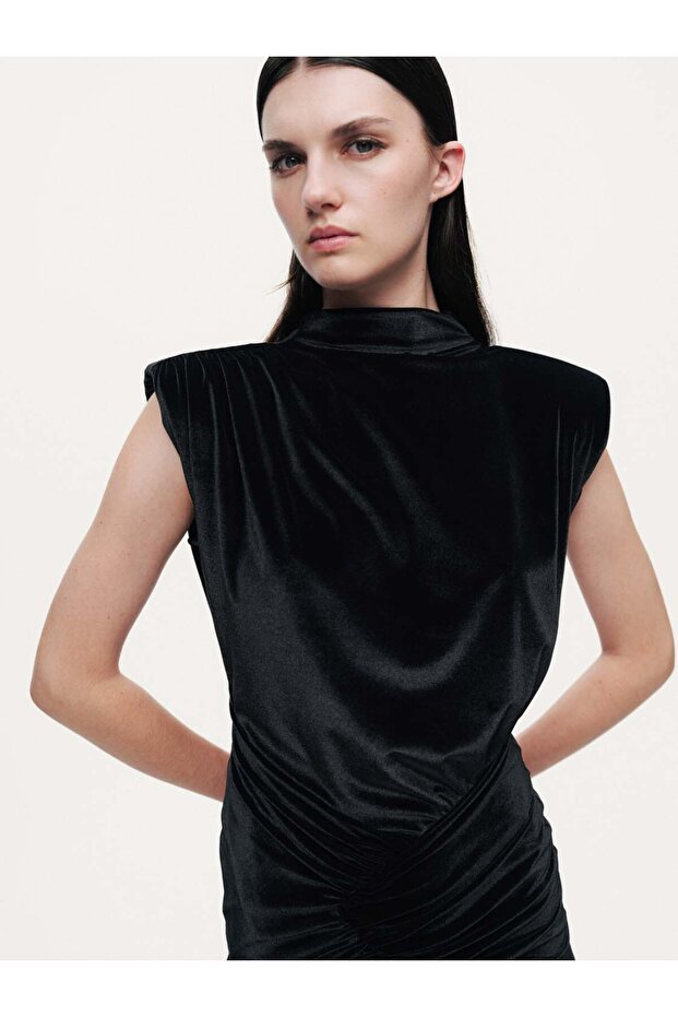 Drape Detaylı Midi Kadife Elbise - 2