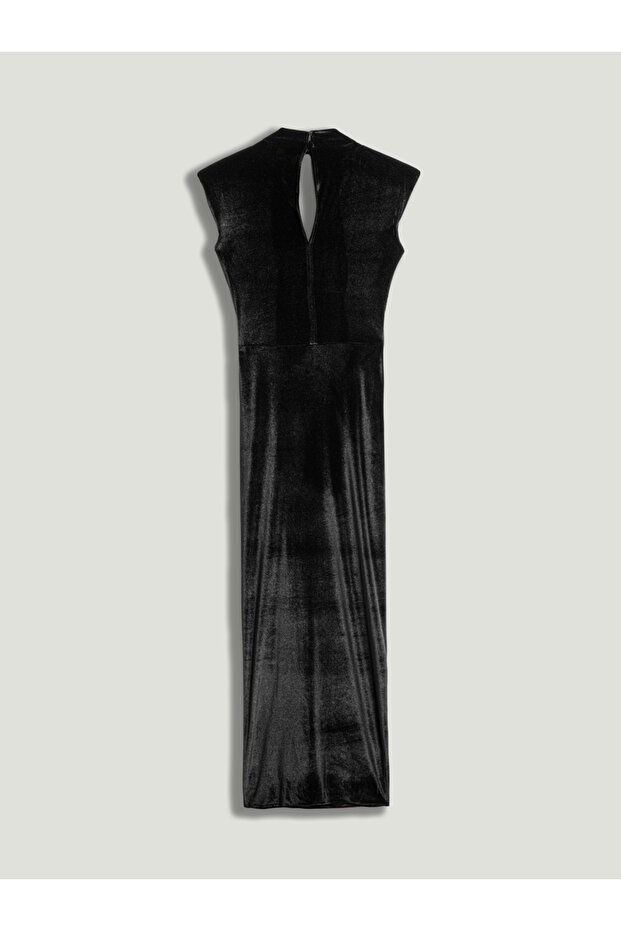 Drape Detaylı Midi Kadife Elbise - 7