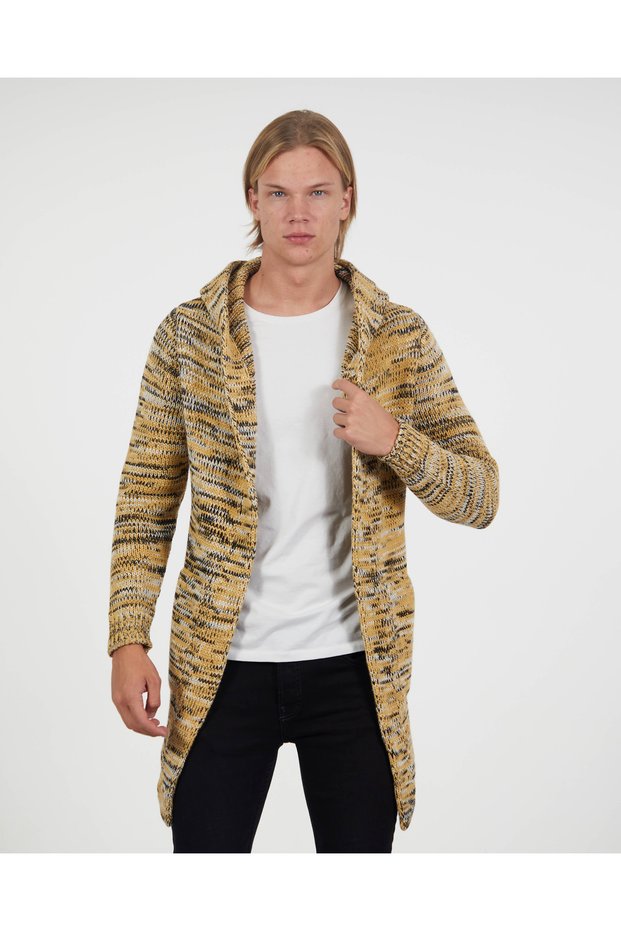Men's Hooded Non-Closed Long Knitwear Cardigan Cotton Loose Knitwear Cardigan