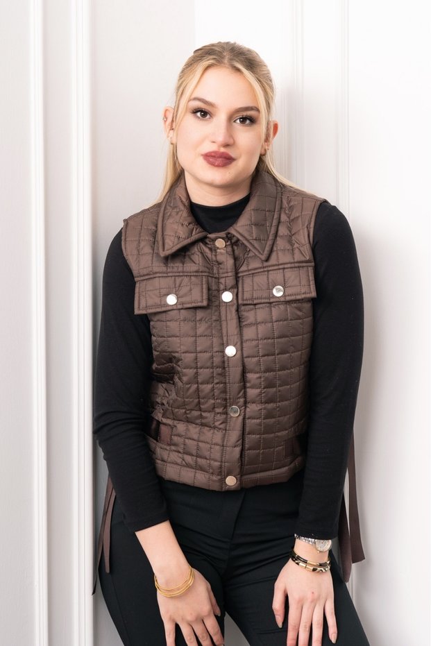 Women's Winter Coffee Color Grosgrain Side Belted Quilted Classic Vest Stylish Daily Comfortable 9139