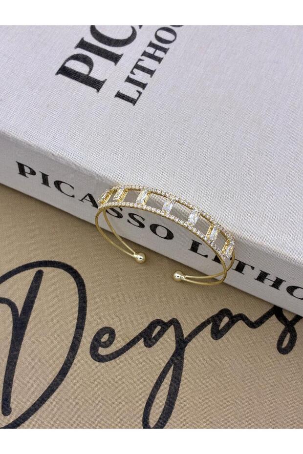 Gold-Colored Adjustable Two-Row Bracelet with Stones and Rectangular Baguette Stones between Them