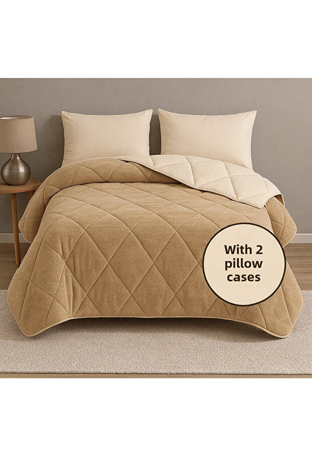 Premium Double-Sided Welsoft & Cotton Quilt 195X215 cm – Pure Silicone Filled + 2 Pillowcases