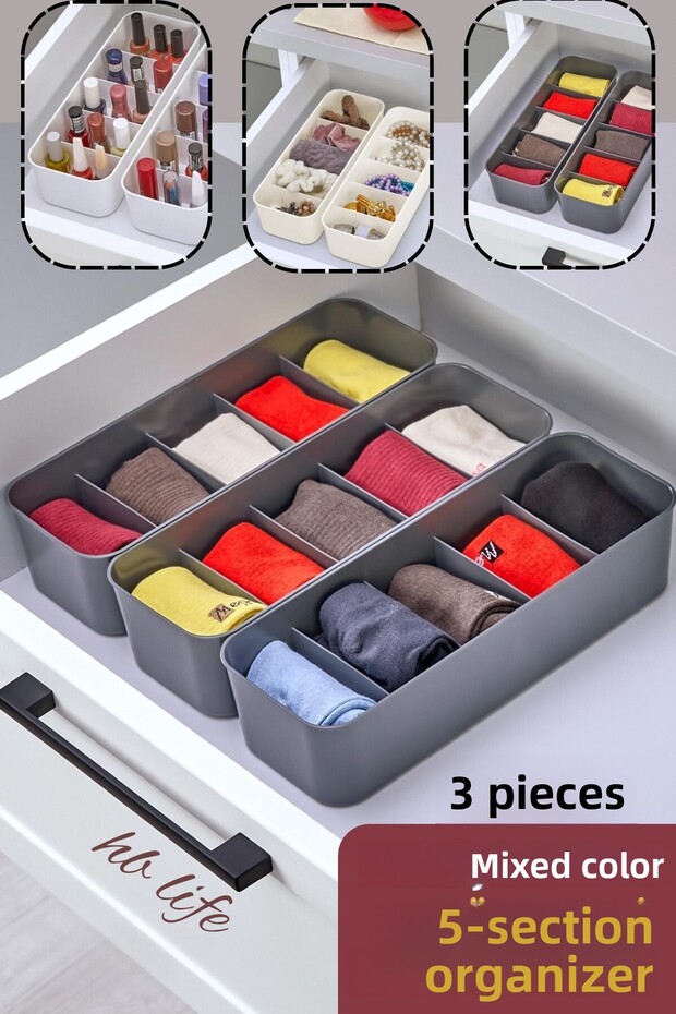 5-Compartment Drawer Organizer | Sock Underwear Jewelry Buckle Organizer 3 Pieces