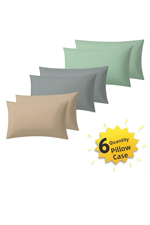 6 Pillowcases, Gray-Beige-Mint Green, 100% Cotton, Size 50×70