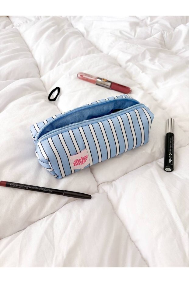 Blue Striped Single Compartment Pencil Case Washable Zippered School Blue Pencil Case