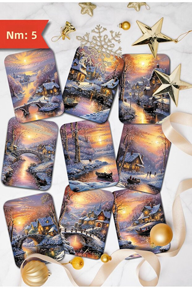 Set of 9 Glitter Christmas Postcards - New Year Snow, Man Winter Scenery, Nostalgia