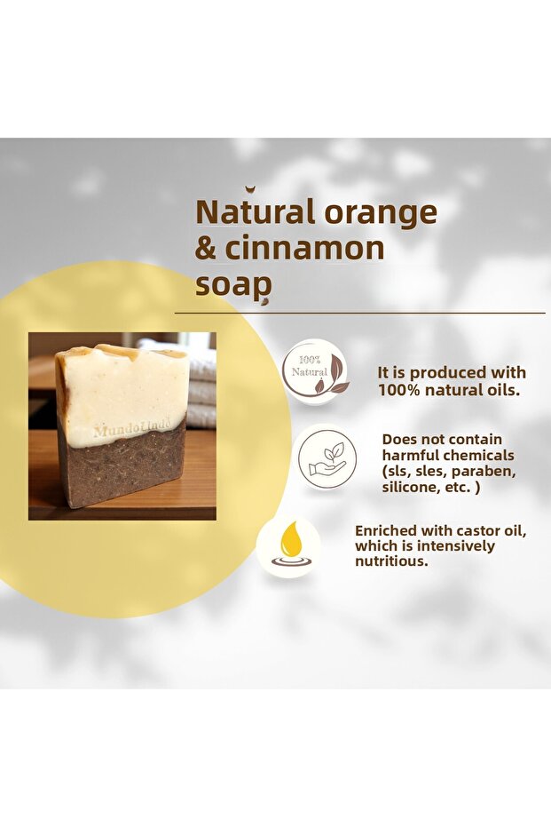 Natural Orange and Cinnamon Solid Soap with Castor Oil Additive 100 Gr with Special Design Pouch