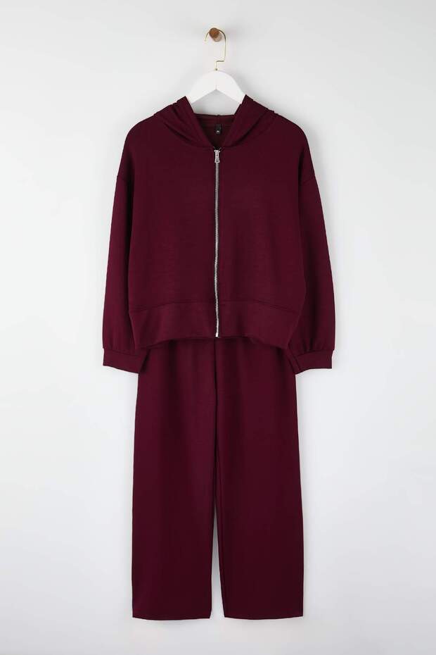 Burgundy Thin Soft Comfortable Flowy Fabric Front Zipper Plus Size Tracksuit Set Tbbaw26Ts00017 - 1