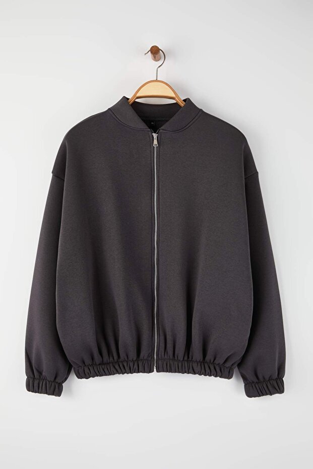 Antrasit Bomber Yaka Oversize/Geniş Kalıp Önü Fermuarlı Büyük Beden Sweatshirt TBBAW26AO00038 - 5