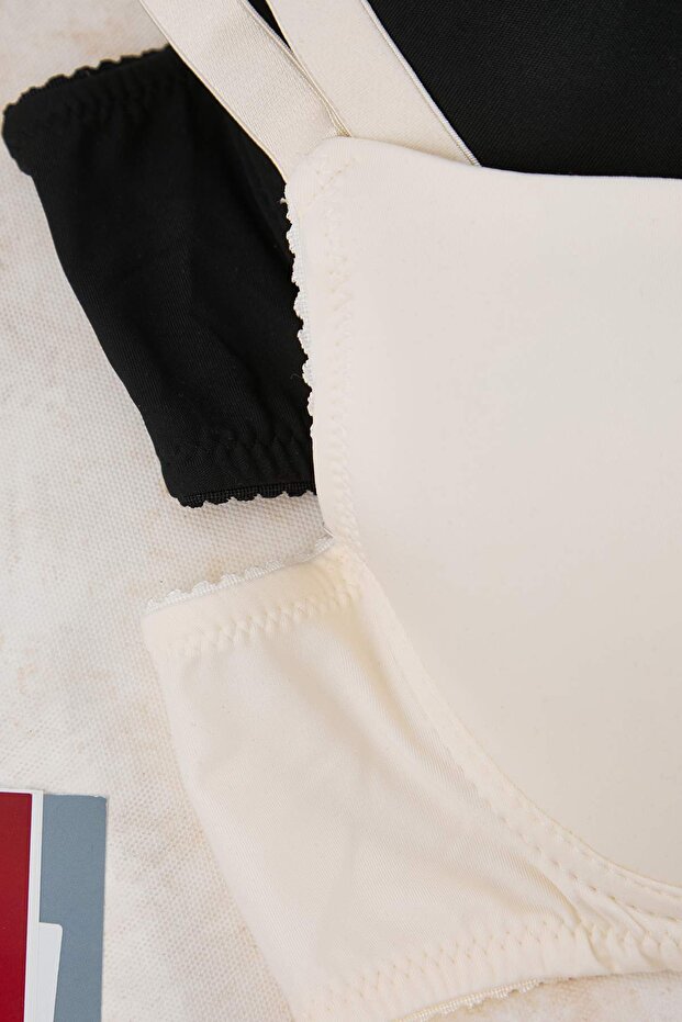 Siyah-Ekru 2'li Paket T-Shirt Bra Sabit Kaplı Dolgusuz Büyük Beden Sütyen TBBAW26CW00009 - 4