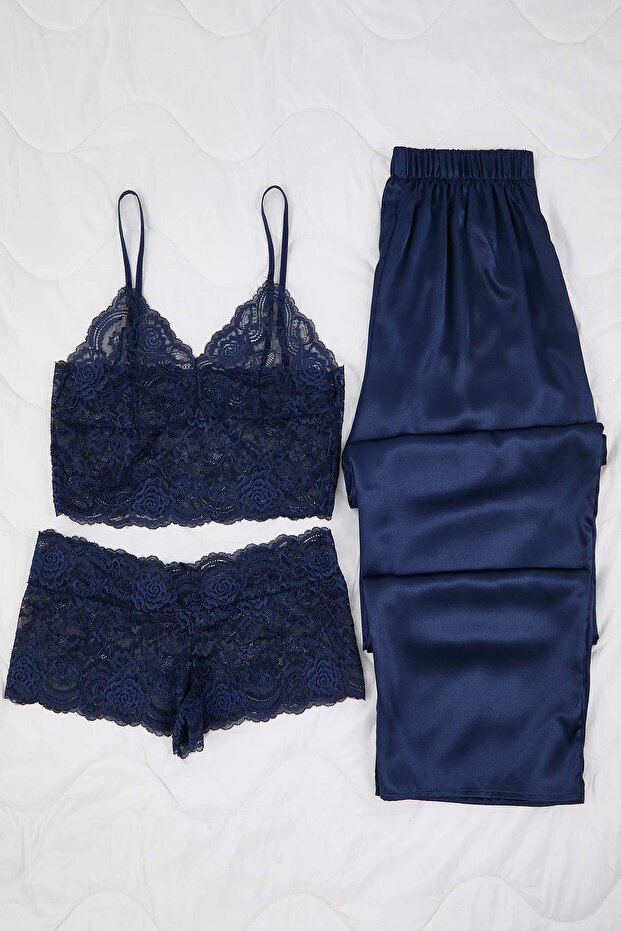 Lacivert 3'lü Çeyiz Set Üst Dantel, Alt Saten Askılı Külotlu Dokuma Pijama Takımı TBBAW26AI00043 - 2