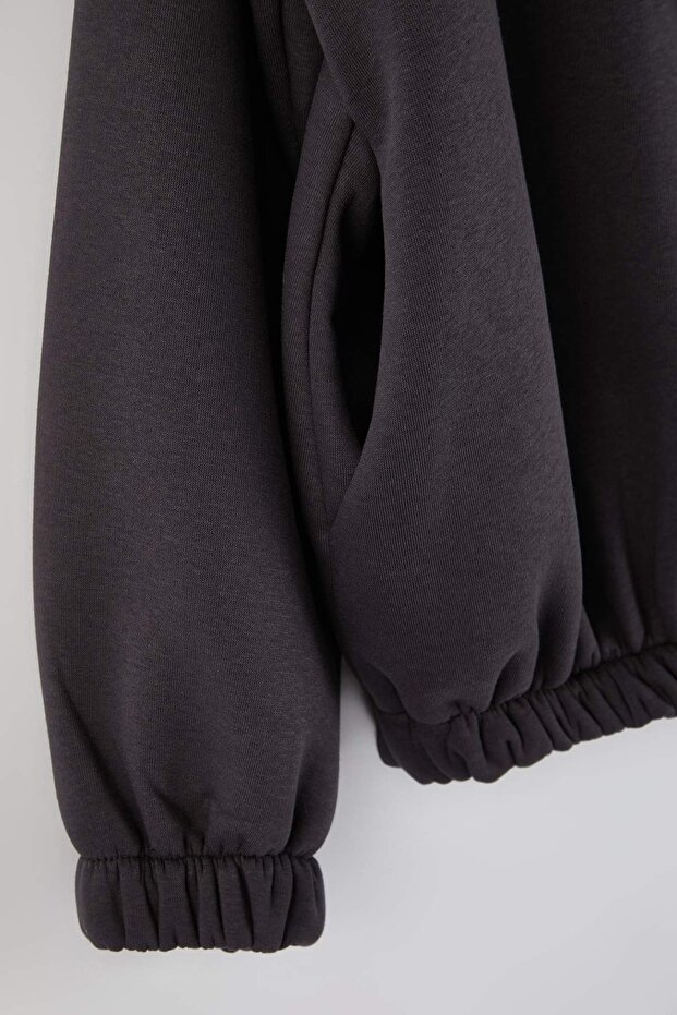 Antrasit Bomber Yaka Oversize/Geniş Kalıp Önü Fermuarlı Büyük Beden Sweatshirt TBBAW26AO00038 - 6