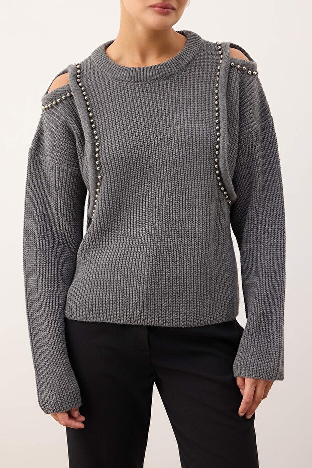 Antrasit Omuz Cut Out/Pencere Detaylı İnci İşlemeli Triko Kazak TWOAW26KZ00185 - 3