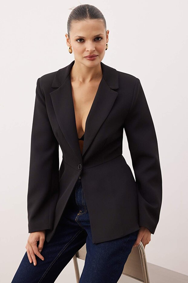 Siyah Fitted/Vücuda Oturan Tek Düğmeli Dokuma Blazer Ceket TWOAW26BC00067 - 1