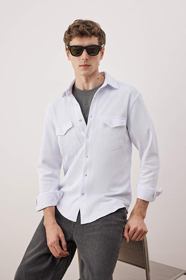 Beyaz Regular Fit Dokulu Erkek Gömlek TMNAW26GO00019 - 2