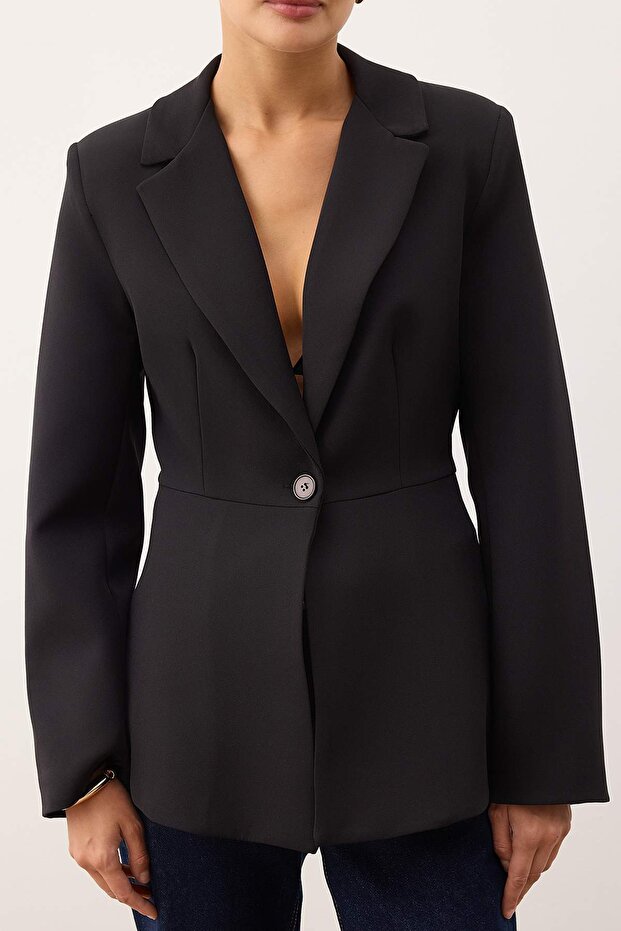 Siyah Fitted/Vücuda Oturan Tek Düğmeli Dokuma Blazer Ceket TWOAW26BC00067 - 3