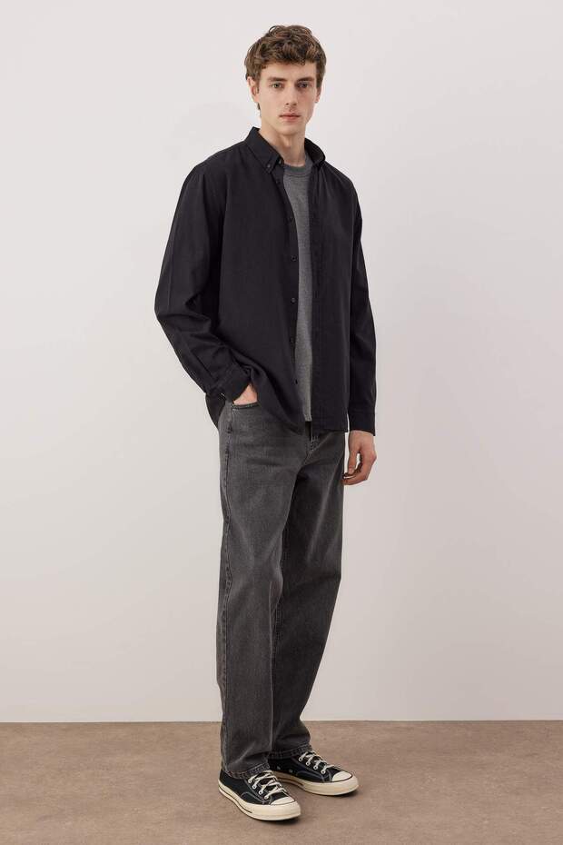 Siyah Unisex Regular Fit %100 Pamuklu Keten Görünümlü Gömlek TMNSS23GO00099 - 2