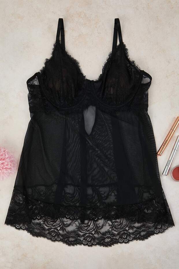 Siyah Kapsız Balenli Dantelli Büyük Beden Fantezi Babydoll TBBAW26DH00000 - 6