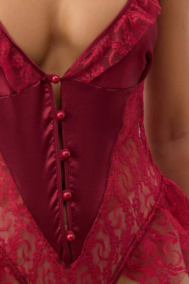 Bordo Dantel ve Saten Birliktelikli Fırfırlı Kapsız Fantezi Body THMAW26BD00003 - 4
