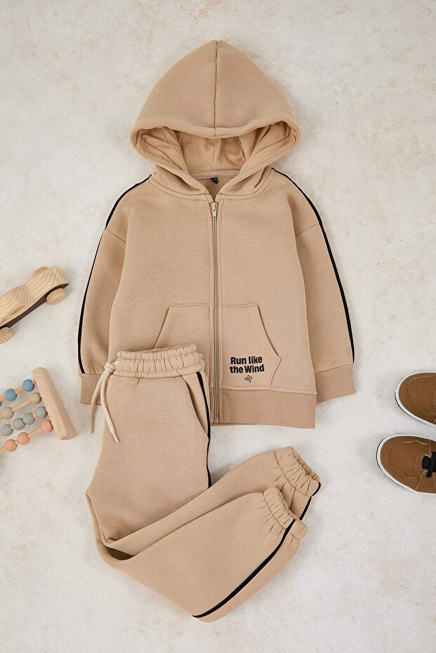 Bej Kapüşonlu Baskılı Kalın/İçi Polarlı Örme Unisex Çocuk Alt - Üst Takım TKDAW26AU00061 - 2