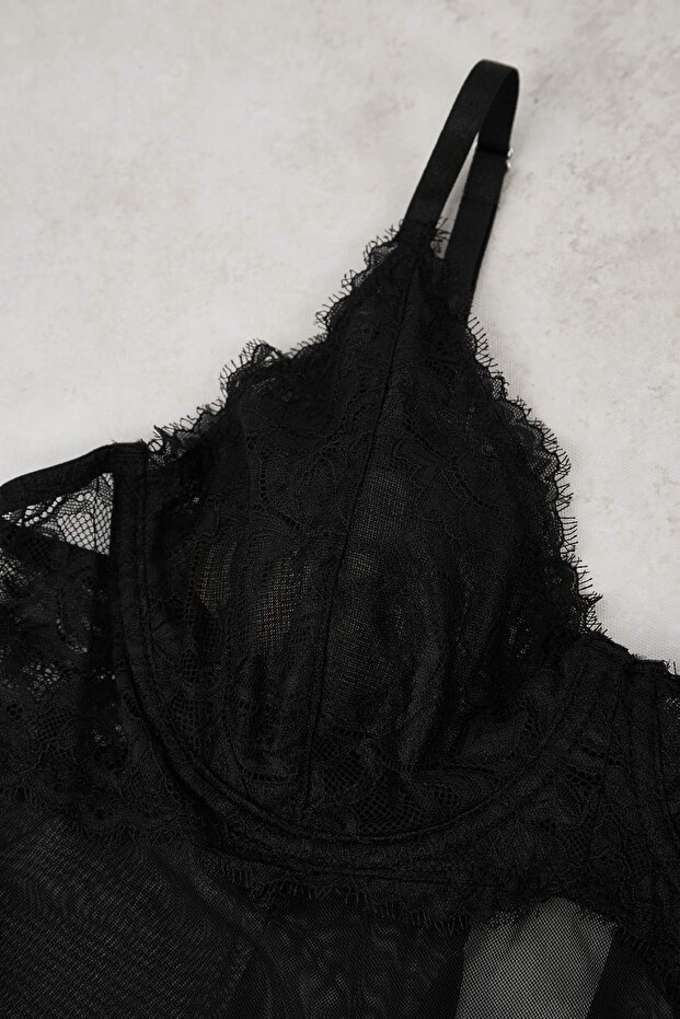Siyah Kapsız Balenli Dantelli Büyük Beden Fantezi Babydoll TBBAW26DH00000 - 7